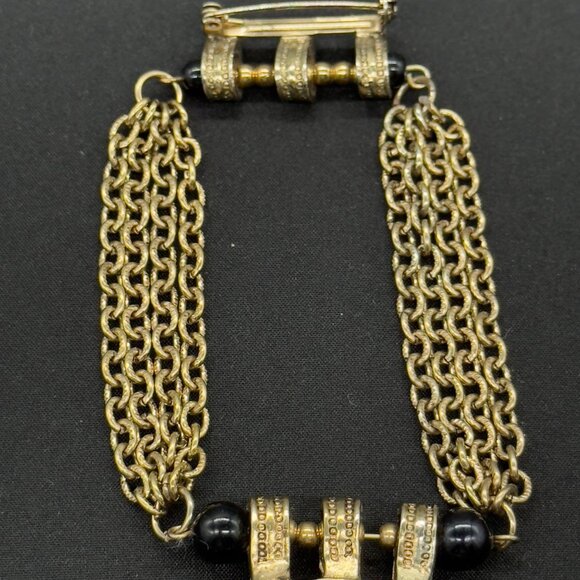 Vintage Egyptian Revival Gold Tone Chain Statement Brooch Pin Black Cabochons - Picture 7 of 14